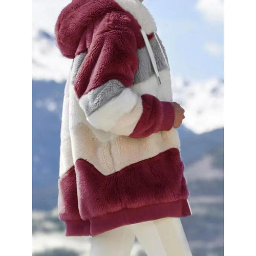 Manteau polaire à capuche et épaules tombantes color block pour femme, vêtements d'extérieur chauds décontractés à manches longues et fermeture éclair pour le quotidien, vêtements pour femmes