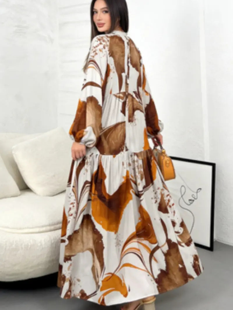 Robe longue florale à manches longues 2026, robe longue décontractée polyvalente à col en V, coupe ample style élégant pour femmes