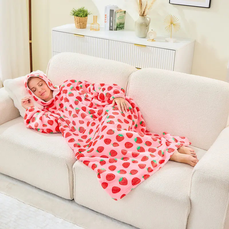 Coperta Indossabile con Cappuccio Oversize in Pile Sherpa, Felpa con Cappuccio con Maniche, Coperta con Cappuccio Accogliente e Gigante Extra Lunga per Adulti Donna Regalo Invernale (Fragola)