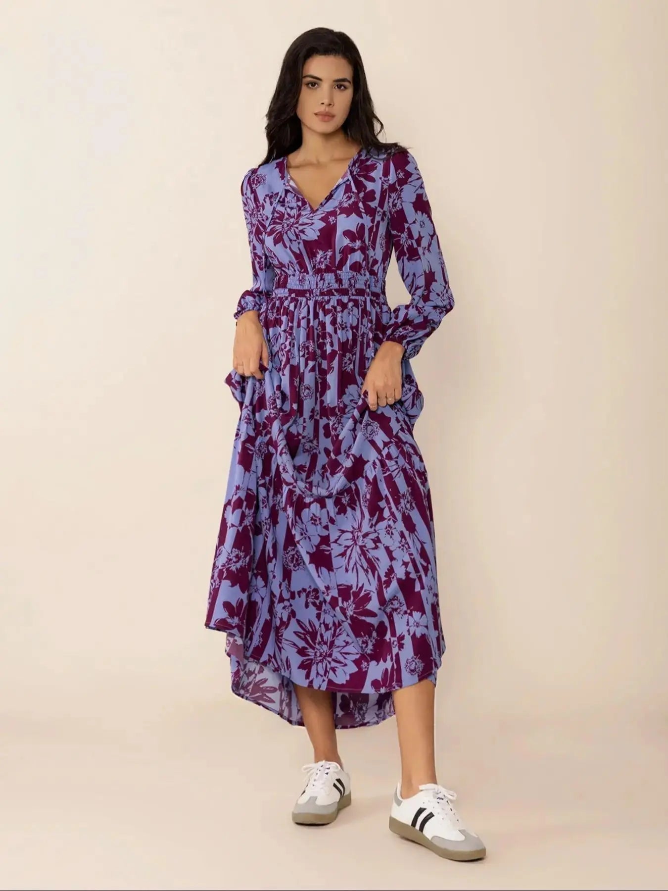 Robe bohème à imprimé floral pour femme, manches lanternes, taille ajustée à nouer, coupe ample confortable à manches longues pour l'automne et l'hiver