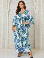 Robe Kaftan fendue à manches chauve-souris et imprimé léopard pour femme, style décontracté et modeste, col en V, manches 3/4, longue robe pour l'automne et l'hiver, vêtements islamiques pour femme pour usage quotidien
