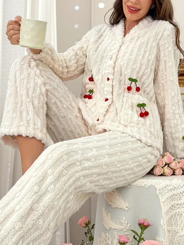 Ensemble de détente doux avec décorations de cerises pour femme, ensemble élégant et décontracté haut à manches longues et pantalon, vêtements de nuit pour femme pour l'automne et l'hiver, pyjama