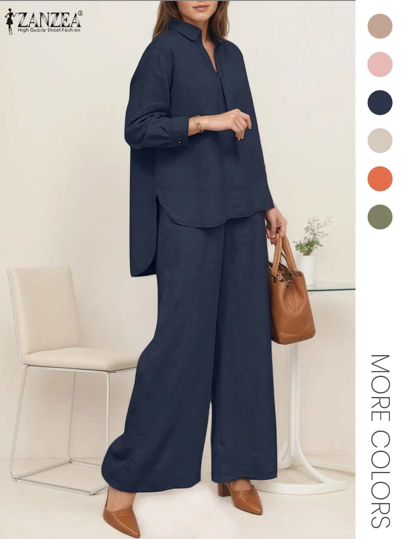 Ensemble deux pièces femme, haut et pantalon large de couleur unie, haut et pantalon décontractés à manches longues pour le quotidien, vêtements pour femmes pour toutes les saisons