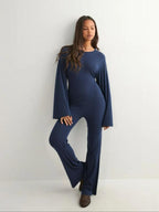 Women's Fall New Round Neck Flare Long Sleeve Top & Elastic Waist Straight Leg Pants Set, Casual Fashion for Daily Wear