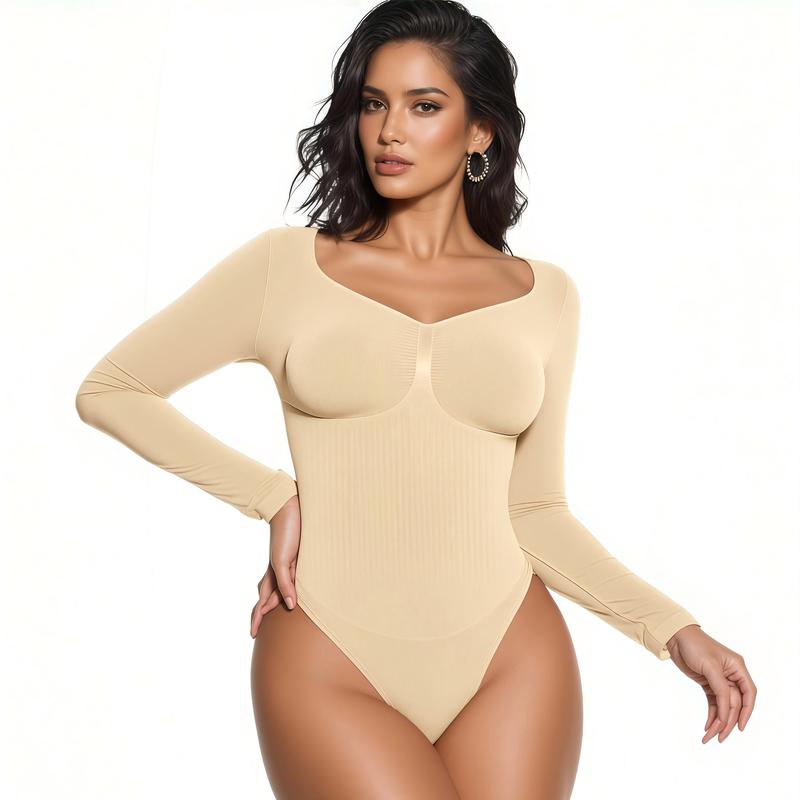 Body gainant sans couture pour femme – Body à manches longues et col en V, coupe ajustée, léger et sculptant, parfait pour les superpositions et le quotidien, compression légère