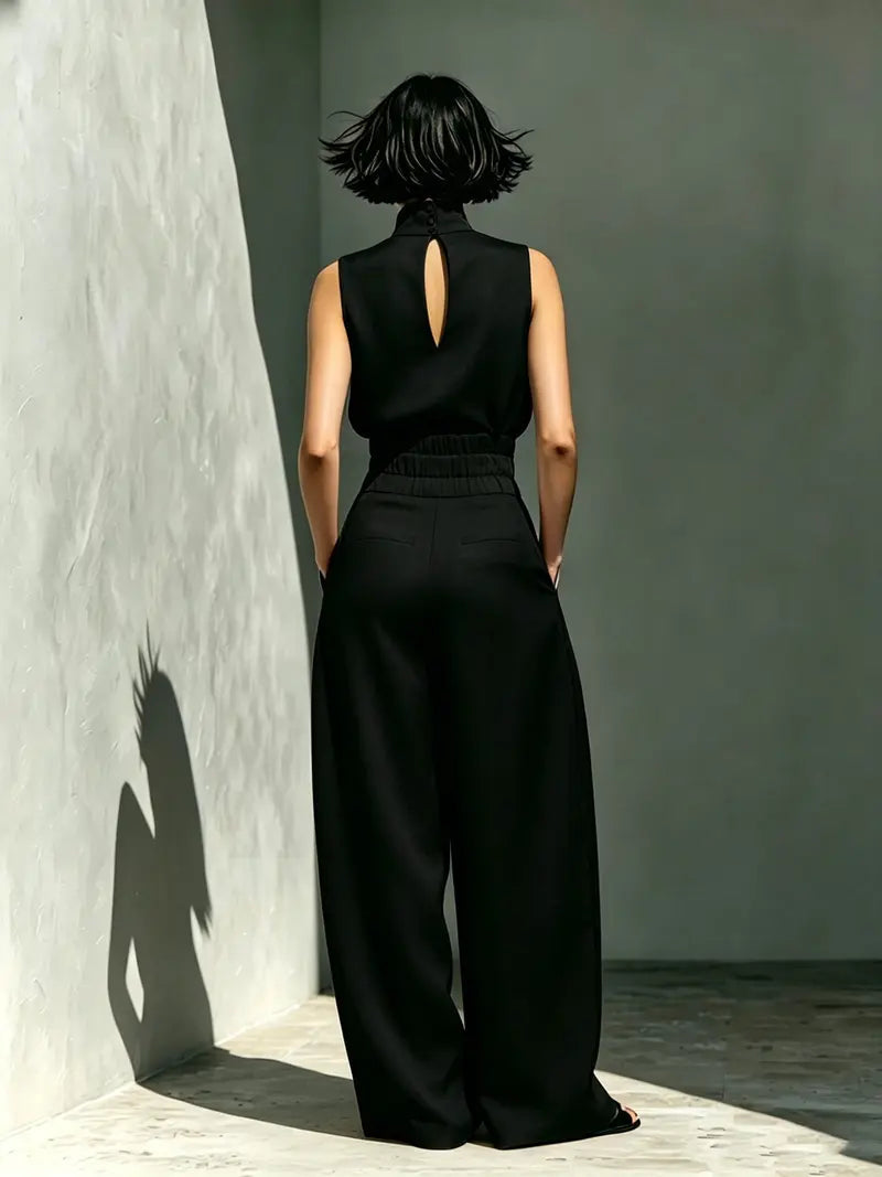 Ensemble deux pièces pour femme, haut sans manches à col montant et pantalon long, ensemble élégant avec pantalon large taille haute, tenue tendance pour femme