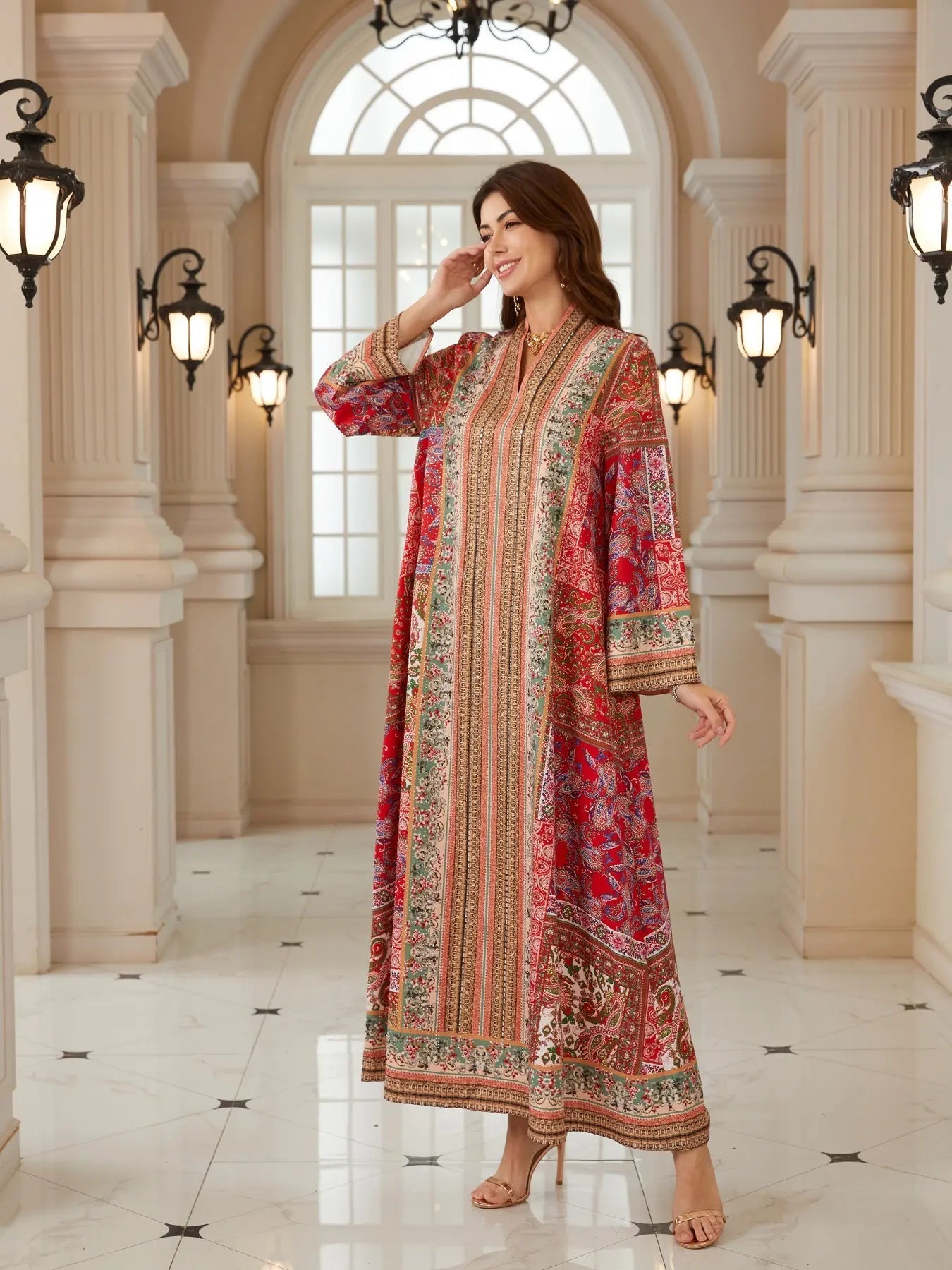 Vestito caftano con perline e stampa bohémien, Abito lungo da sera in stile abaya Jalabiya, Nuova moda femminile mediorientale, Abito elegante da festa, Caftano con stampa etnica