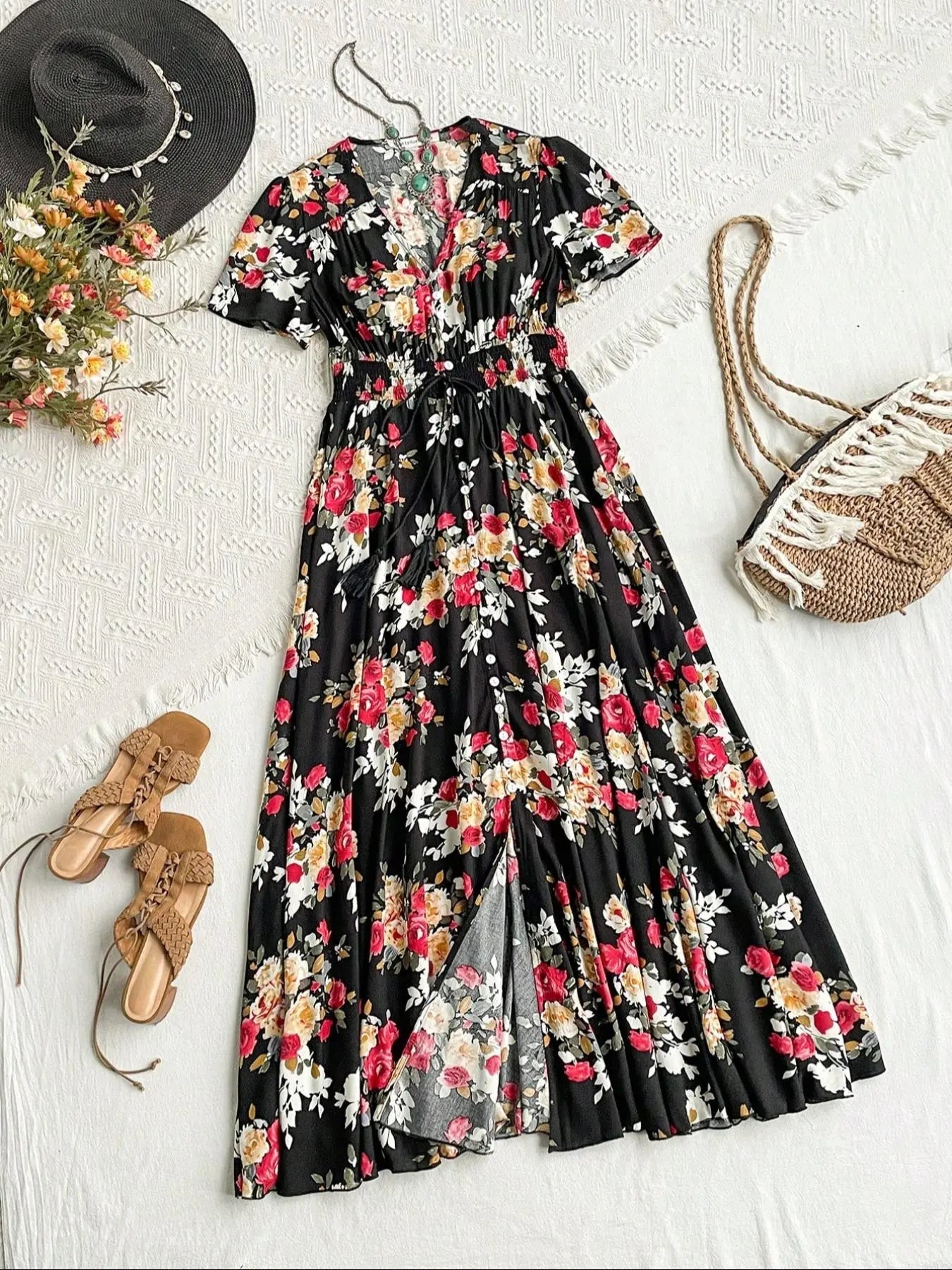 Vestito floreale con bottoni sul davanti da donna, vestito estivo a maniche corte in stile francese boho, abbigliamento da donna per vacanze al mare