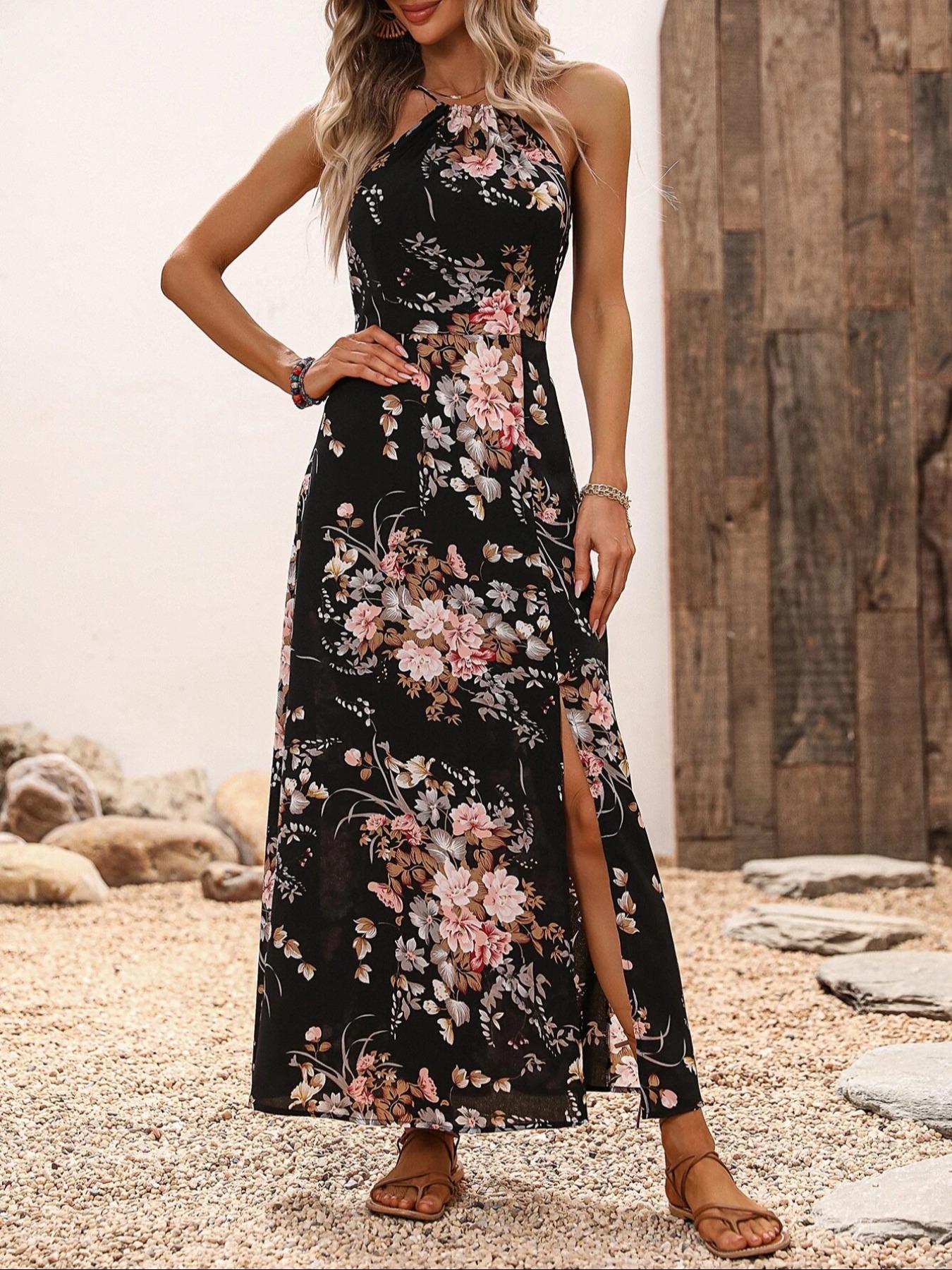 Robe longue ajustée d'été sans manches de style bohème avec dos noué, imprimé floral fendu et motif tour de cou, série élégante imprimée