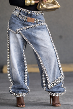 Jean femme effet deux-pièces clouté de strass