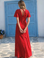 Abito lungo da donna bohémien con scollo a V e maniche corte, stile casual a pois per le vacanze, nuova moda europea e americana