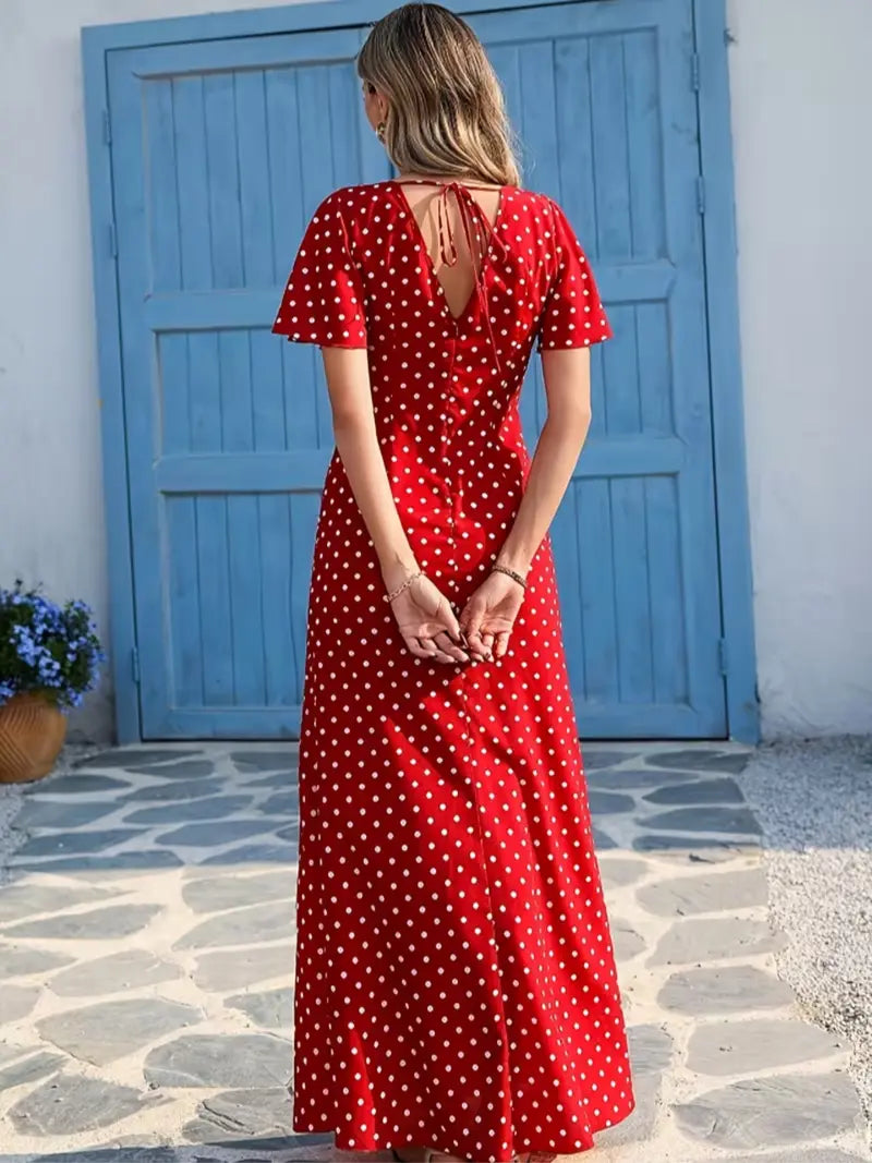 Abito lungo da donna bohémien con scollo a V e maniche corte, stile casual a pois per le vacanze, nuova moda europea e americana