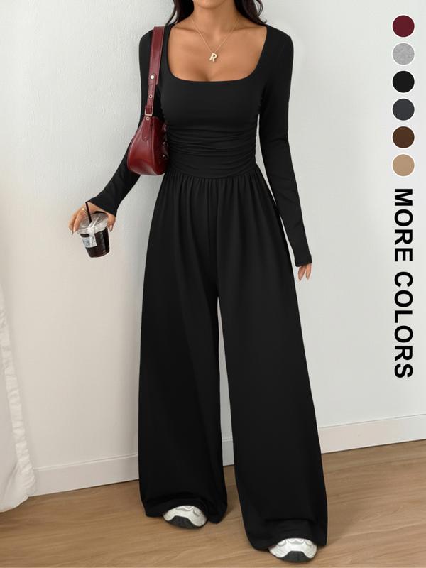 Combinaison Femme Automne Hiver en Tricot à Jambes Larges, Combinaison Décontractée Unie à Col Rond, Combinaison Polyvalente à Manches Longues
