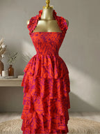 Women's Floral Print Layered Ruffle Midi Maxi Dress