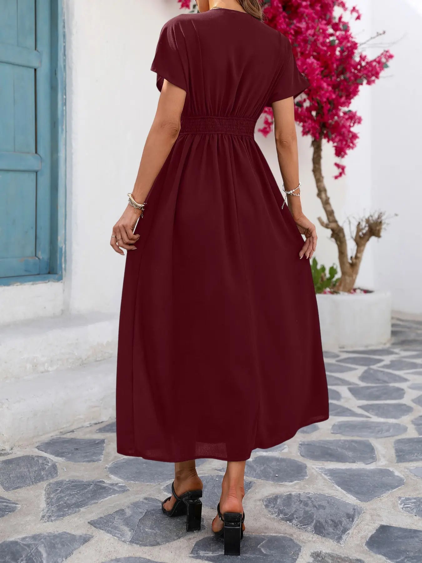 Robe boutonnée unie à manches courtes pour femme, pièce élégante, robe chic pour fête, vacances, invitée de mariage, vêtements d'été pour femme