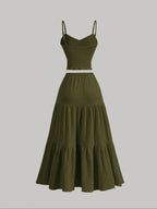 Women's Solid Woven Crop Cami Top & Pleated A-line Skirt Two-piece Set