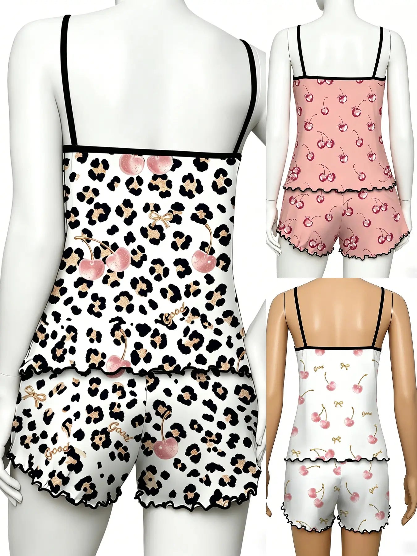 3-Piece Combo,Cherry Print Halter Short Pajamas Set
