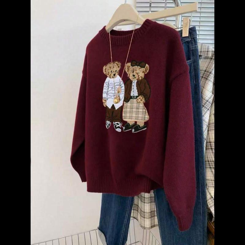 Maglione girocollo unisex con stampa orsetto dei cartoni animati, maglione casual ampio a maniche lunghe per autunno e inverno, maglieria moda da donna per l'uso quotidiano