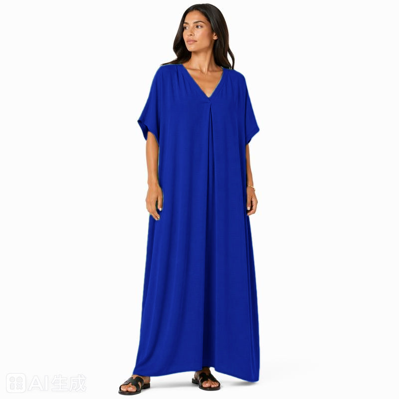 Robe longue oversize fluide col V femme été chic confortable en tissu léger et doux pour toutes les occasions