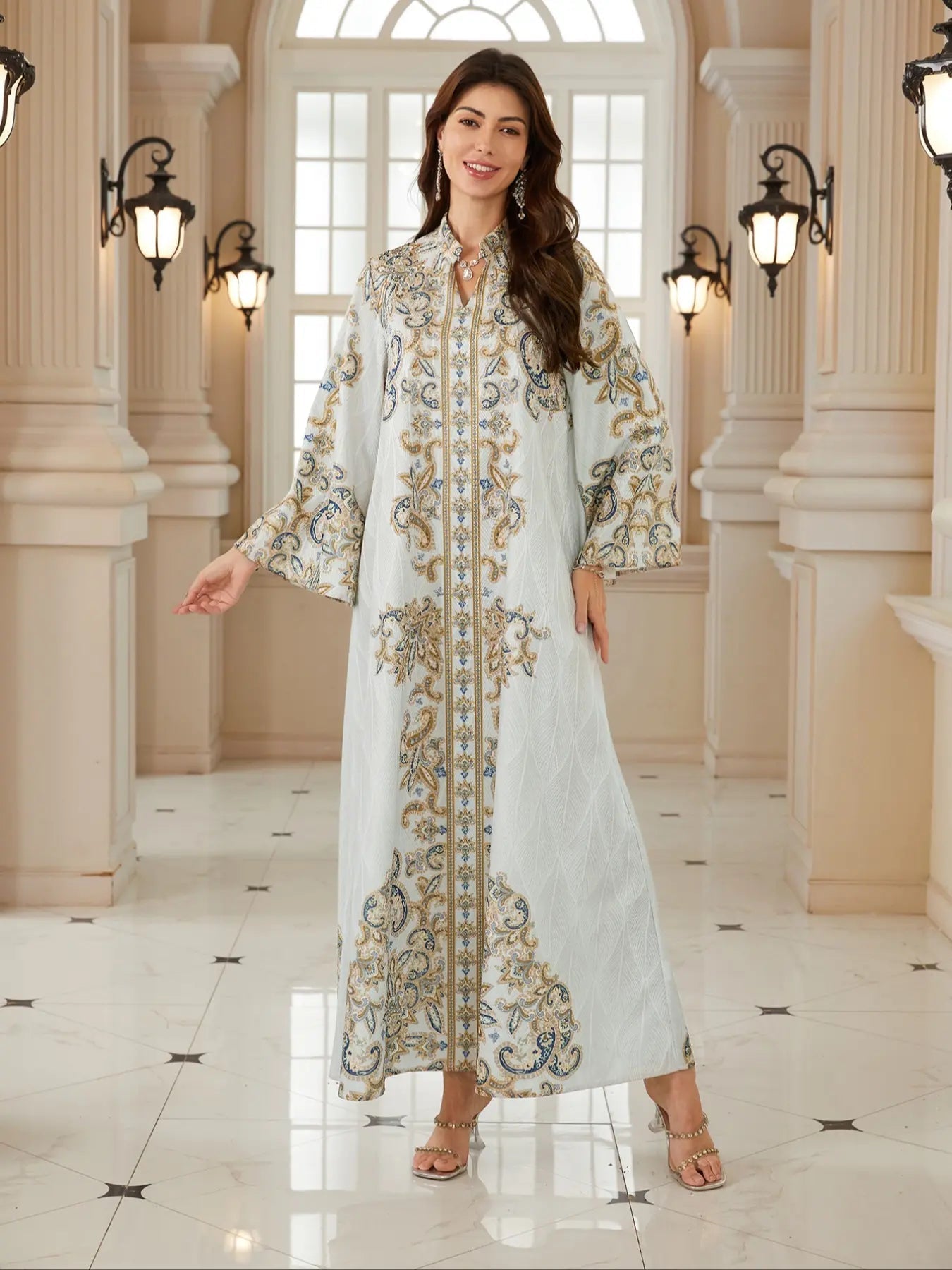 Abito da donna mediorientale con stampa di nuovi tessuti decorati, abito da sera lungo arabo con perline intere, jellabiya, abaya per l'Eid