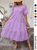 [Grande Taille] Robe unie avec broderie œillets, Robe bohème à col rond pour les vacances et le quotidien – Vêtements d'été pour femmes