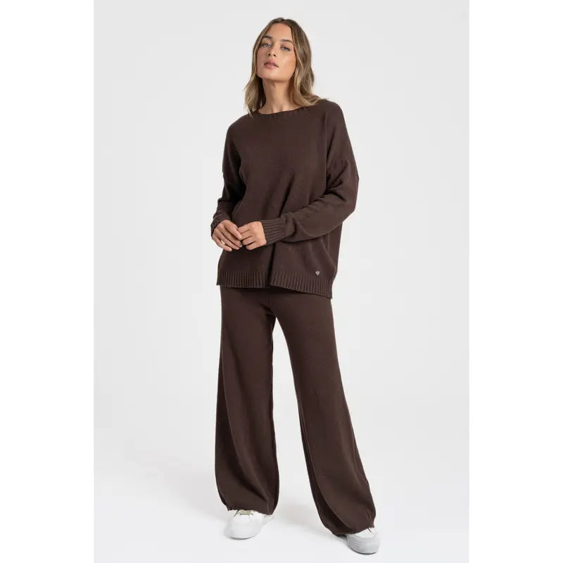 Completo due pezzi in maglia: T-shirt a maniche lunghe, girocollo, pantaloni con elastico in vita, maglia di medio spessore, comodo e versatile, abbigliamento femminile, adatto all'uso quotidiano, specialmente per i cambi di stagione.