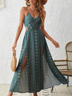 Robe moulante rayée bohème pour femme, fendue aux cuisses, dos nu à bretelles spaghetti, parfaite pour les vacances à la plage et superposer