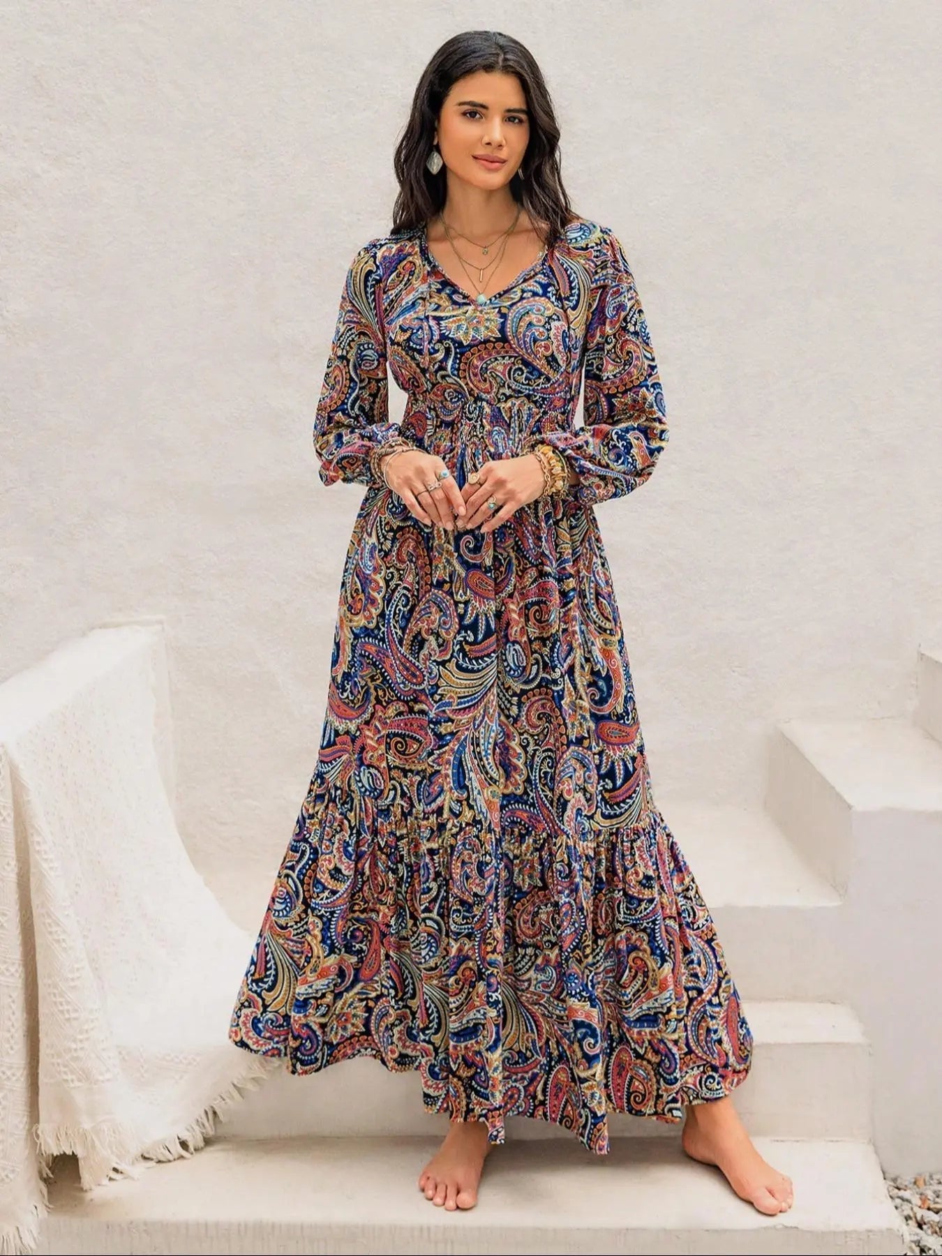 Robe longue tissée à manches longues pour femme style bohème, imprimé cachemire, taille ajustée, confortable, décontractée et élégante pour toutes les saisons, parfaite pour la plage