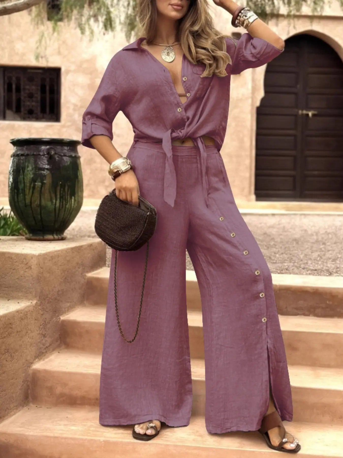 Ensemble chemise ample à manches longues pour femme avec ourlet à nouer, pantalon large décoré d'un seul bouton, tenue décontractée toutes saisons
