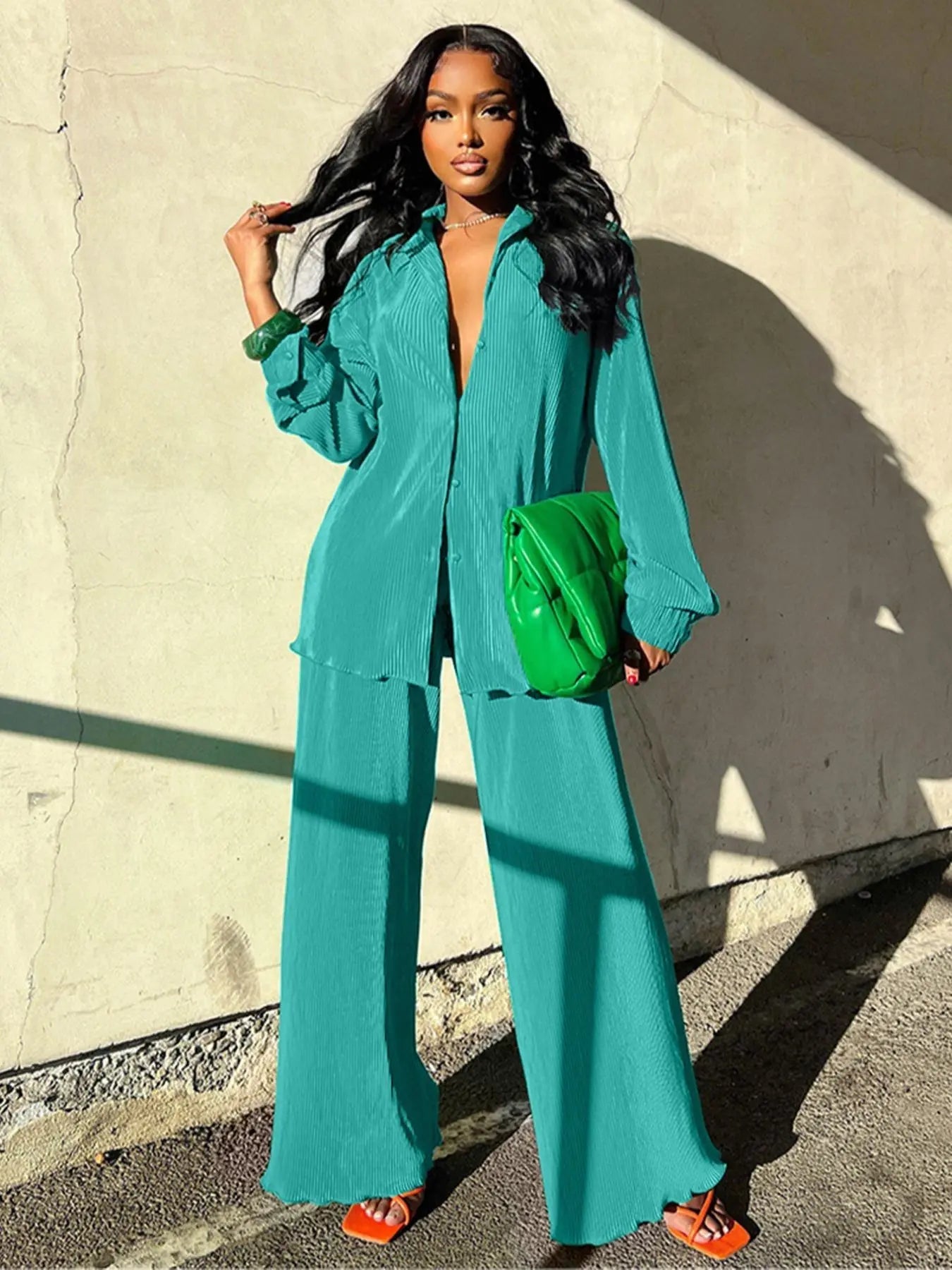 Ensemble deux pièces chemise unie boutonnée et pantalon taille élastique pour femme