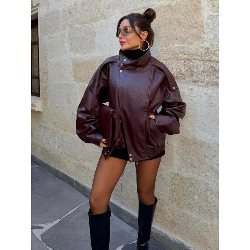 Giacca in Ecopelle Nera Collo Coreana Oversize Stile Moto Biker Orlo Elasticizzato Streetwear Casual Maniche Lunghe Impermeabile Antivento Capispalla per Primavera & Autunno, Abbigliamento Donna per Tutti i Giorni