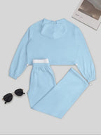 Ensemble ample à capuche avec cordon de serrage taille, couleur unie, style sport décontracté pour femme