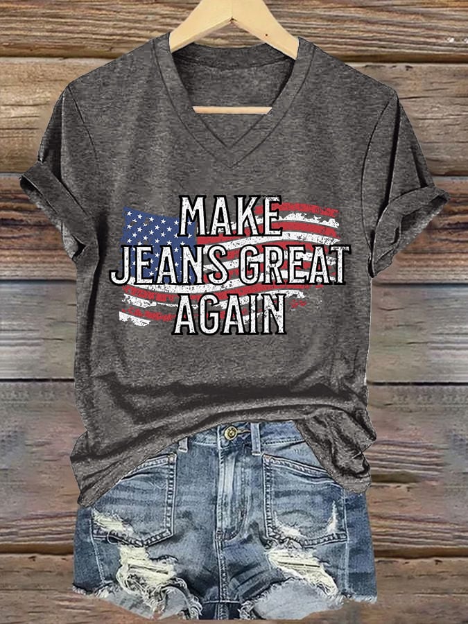 🔥Compra 3 e ricevi il 15% di sconto🔥T-shirt con scollo a V e stampa retrò "Make Jeans Great Again"
