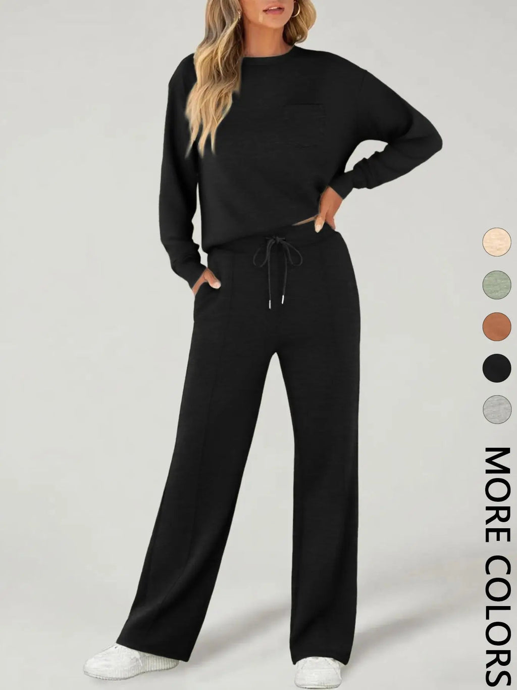 Set sportivo casual da donna 2 pezzi manica lunga con tasche, elegante completo atletico a gamba larga per tutte le stagioni, moda comoda e aderente