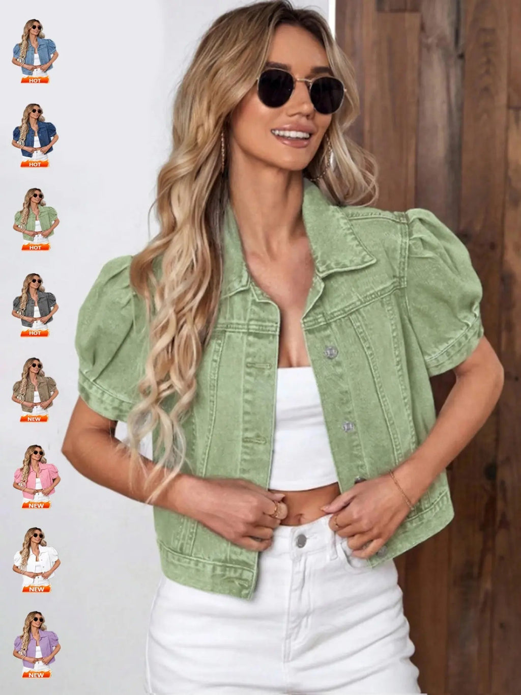Veste en Jean Courte Lavage Clair, Manches Bouffantes, pour Femme, Manteau Court en Jean Taille Haute Léger et Fin, Coupe Tendance et Décontractée pour l'Été