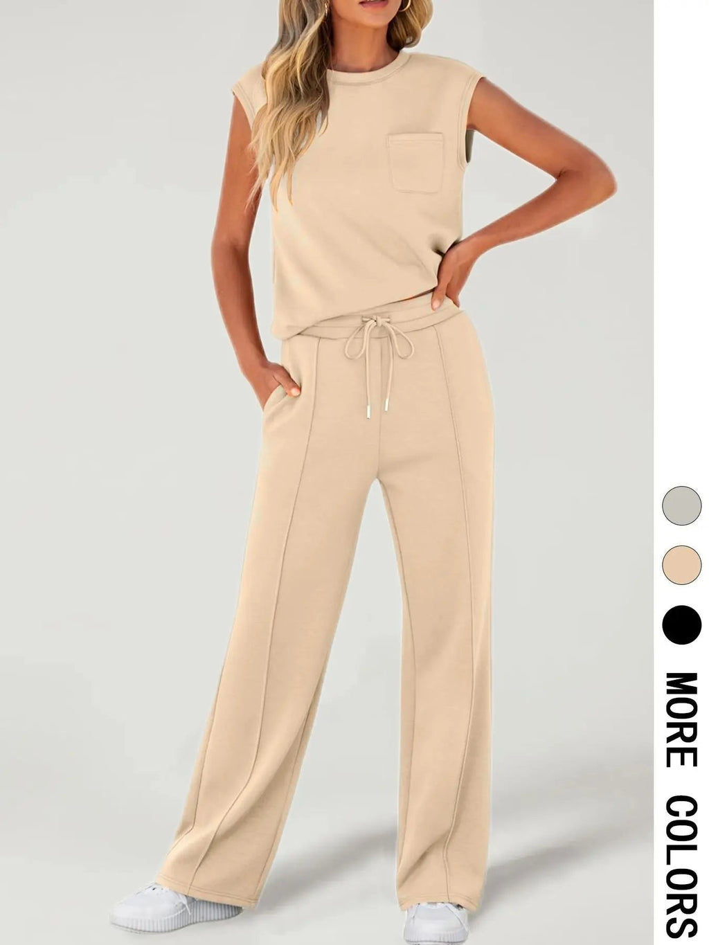 Completo da Donna due pezzi con Canotta Tinta Unita e Pantaloni con Coulisse in vita, Top Casual Senza Maniche con Scollo Rotondo e Pantaloni per l'Uso Quotidiano, Completi da Donna due pezzi per Tutte le Stagioni