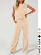 Completo da Donna due pezzi con Canotta Tinta Unita e Pantaloni con Coulisse in vita, Top Casual Senza Maniche con Scollo Rotondo e Pantaloni per l'Uso Quotidiano, Completi da Donna due pezzi per Tutte le Stagioni