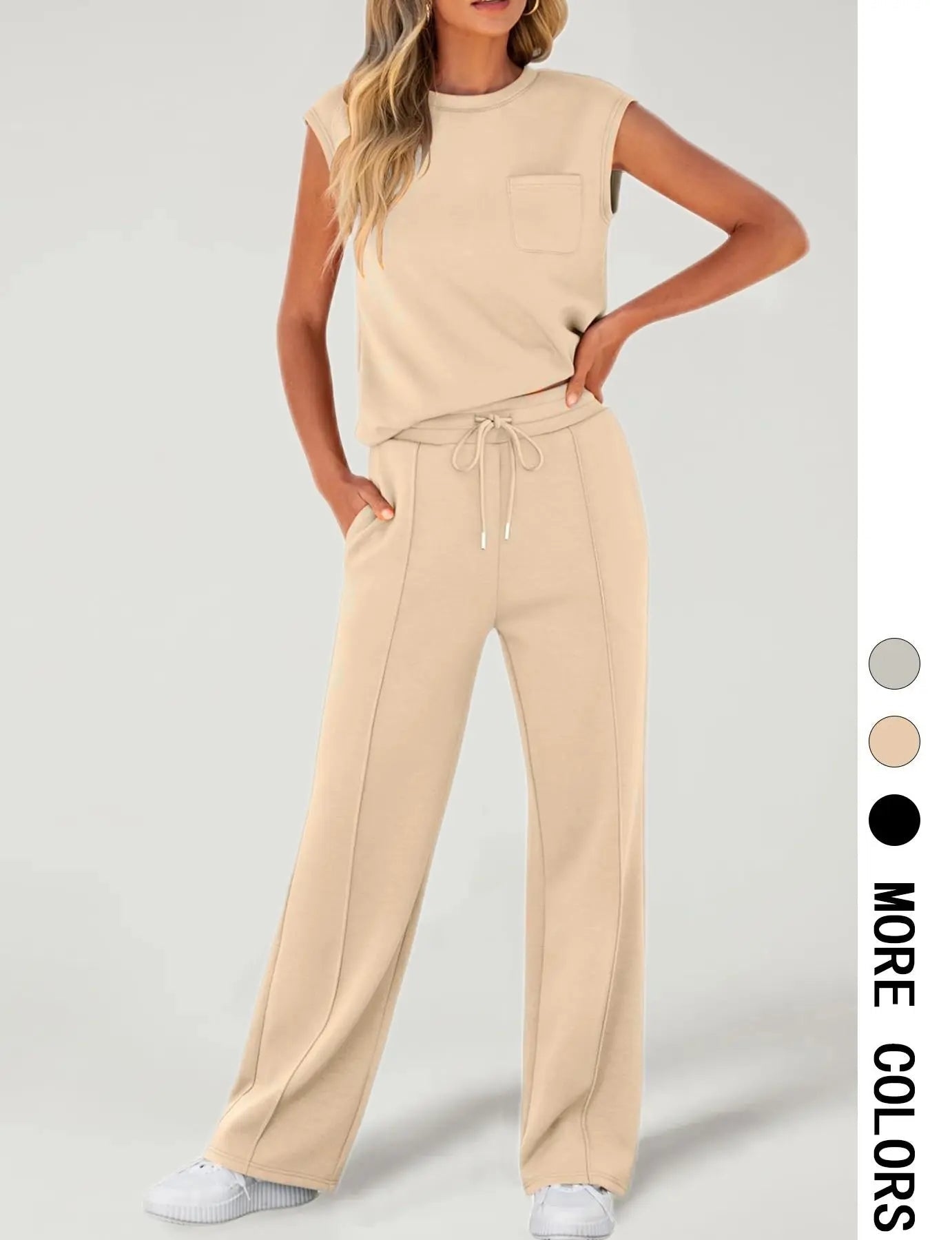 Completo da Donna due pezzi con Canotta Tinta Unita e Pantaloni con Coulisse in vita, Top Casual Senza Maniche con Scollo Rotondo e Pantaloni per l'Uso Quotidiano, Completi da Donna due pezzi per Tutte le Stagioni