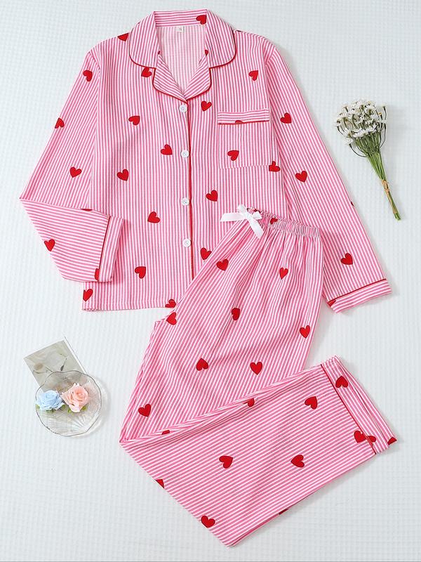 Ensemble de pyjama pour femme à rayures et imprimé nœud, haut et pantalon boutonnés, décontracté pour toutes les saisons