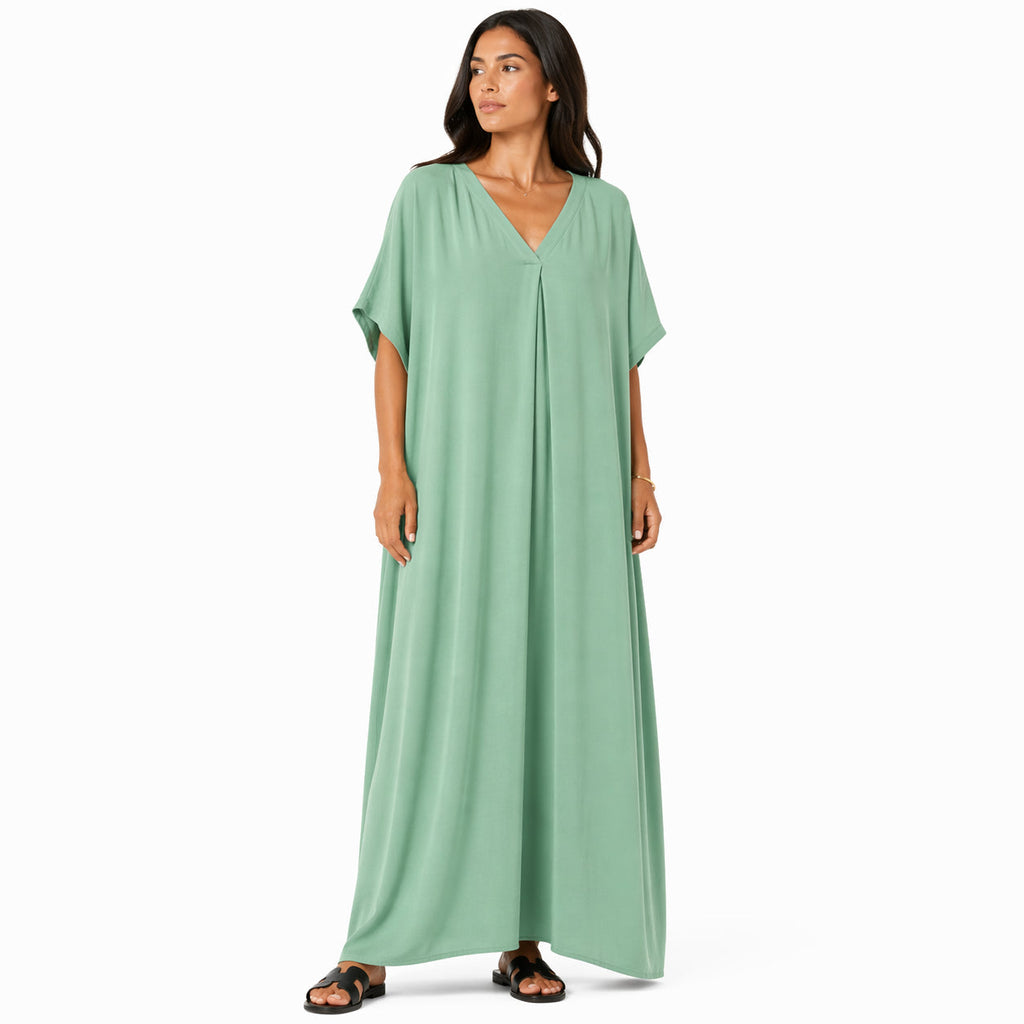 Robe longue, ample et fluide à col en V pour femme – chic et confortable pour l'été.