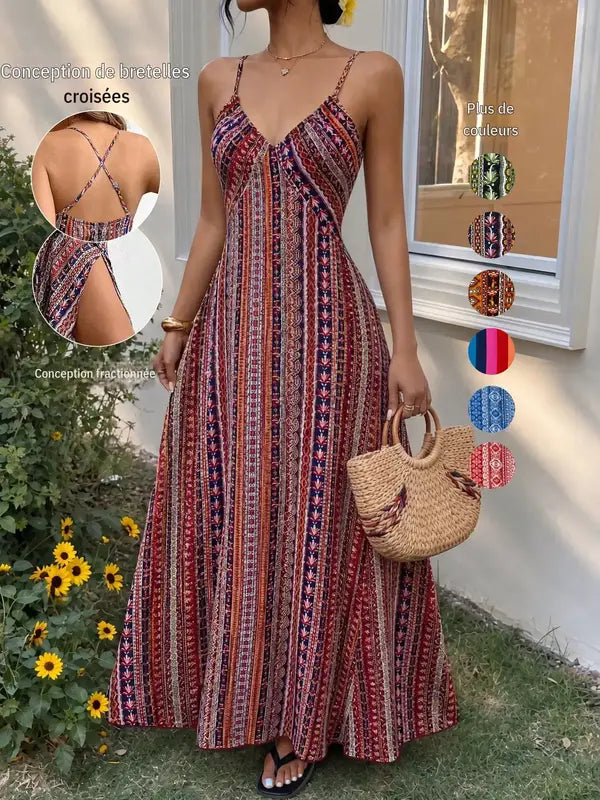 Robe caraco dos nu à imprimé ethnique pour femme