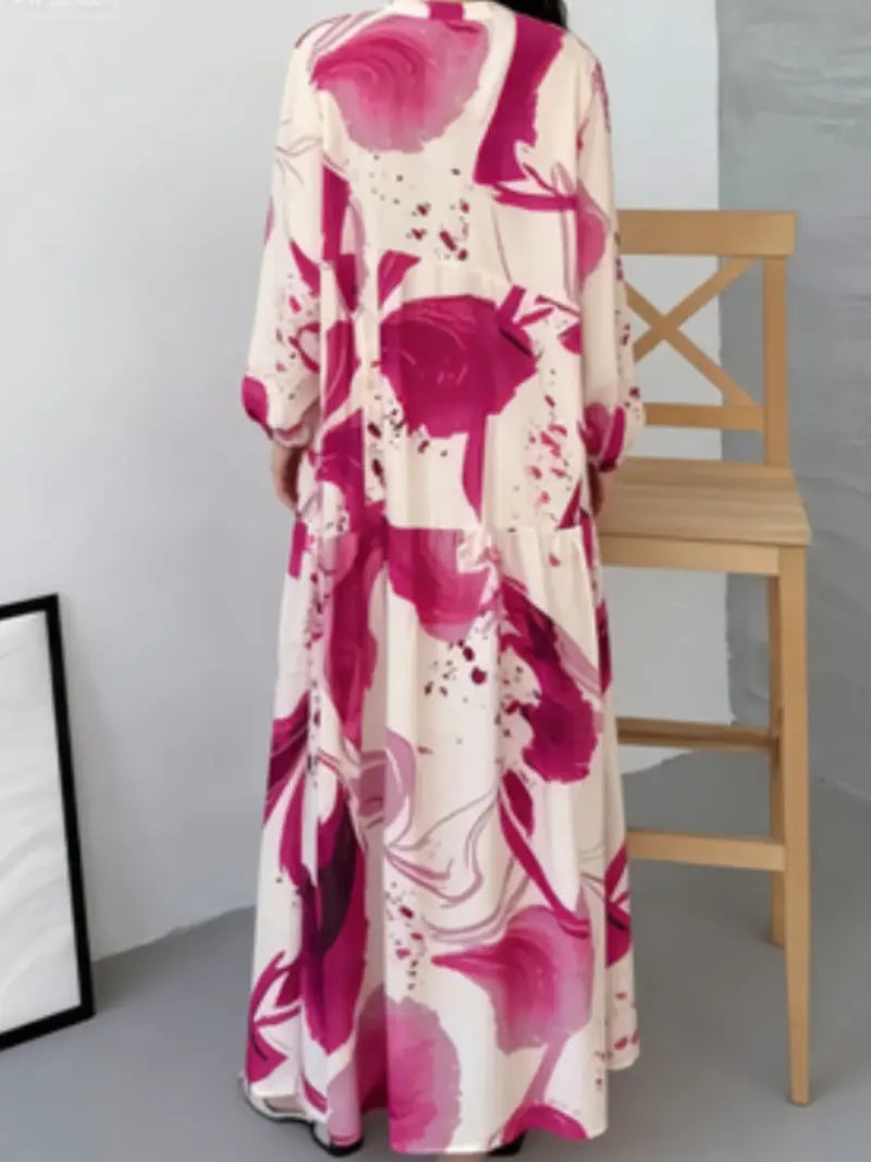 Robe longue florale à manches longues 2026, robe longue décontractée polyvalente à col en V, coupe ample style élégant pour femmes