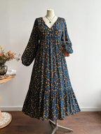 Abito Lungo Floreale da Donna Taglie Forti, Abito Lungo con Scollo a V e Lacci sul Retro e Bordo in Pizzo a Maniche Lunghe per Autunno Inverno, Elegante e Casual