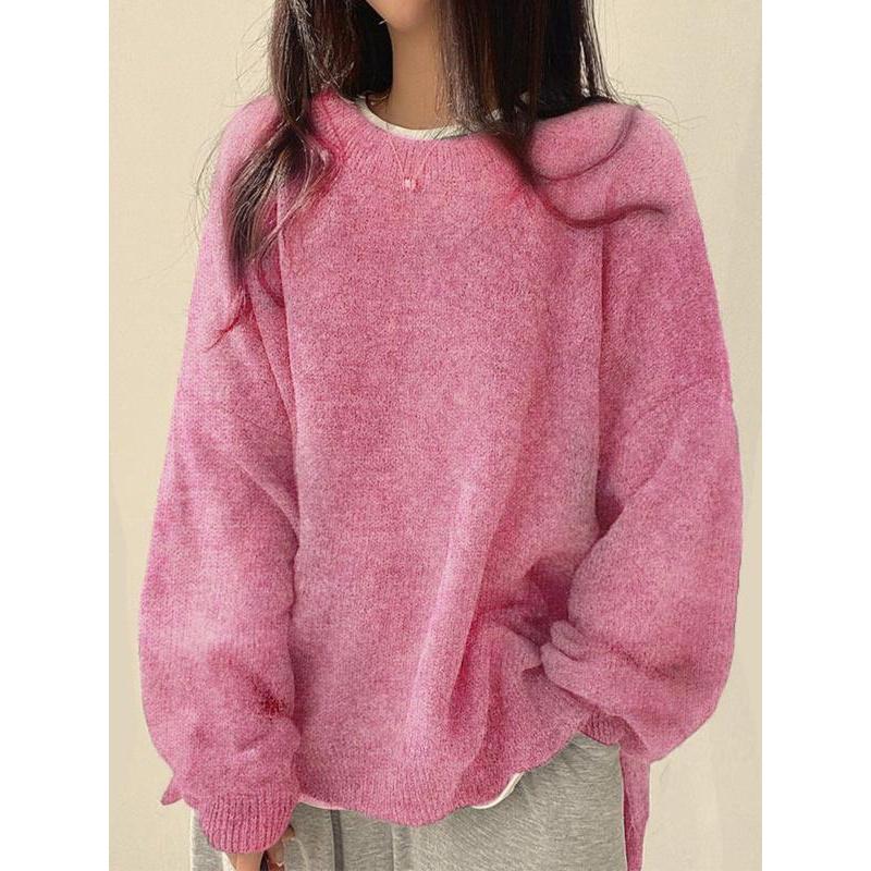 Pull femme à épaules tombantes et ourlet fendu, Pull décontracté à manches longues et col rond, Haut tricoté pour femme pour l'automne et l'hiver, Pulls pour femme