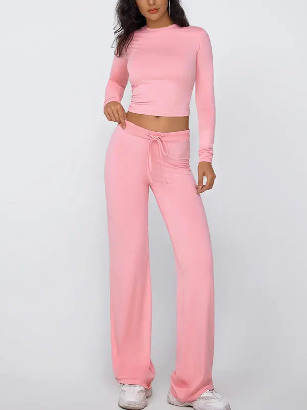 Completo da Casa da Donna Tinta Unita con Arricciature e Coulisse, Top Casual a Maniche Lunghe con Scollo Rotondo e Pantaloni a Gamba Larga con Tasche, Pigiama da Donna per Tutte le Stagioni