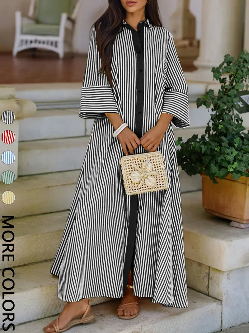 Elegante Abito Camicia Donna Sciolto a Righe con Colletto e Bottoni sul Davanti