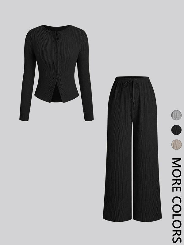 Ensemble deux pièces décontracté femme, haut à manches longues et col rond coupe slim et pantalon, motif uni, tissu modéré, automne-hiver
