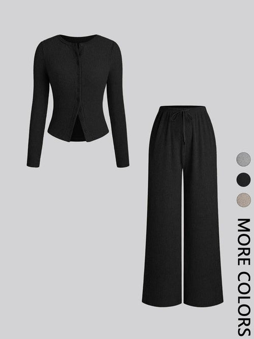 Completo due pezzi da donna autunno inverno casual, maglia a maniche lunghe girocollo slim-fit e pantaloni, tinta unita, tessuto moderato