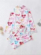 Ensemble deux pièces pyjama femme, chemise imprimée à nœud avec boutons et poches, et pantalon à taille élastique, décontracté et confortable, haut à manches longues et col à revers, et pantalon de pyjama