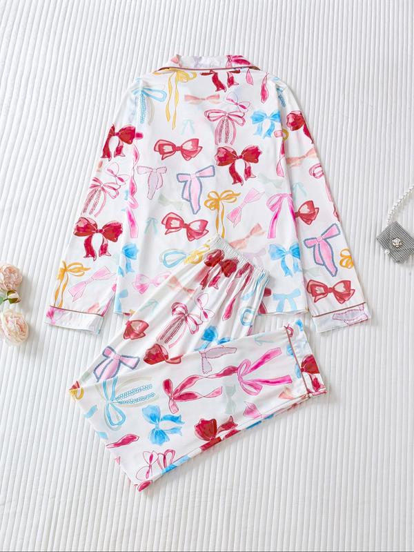 Ensemble deux pièces pyjama femme, chemise imprimée à nœud avec boutons et poches, et pantalon à taille élastique, décontracté et confortable, haut à manches longues et col à revers, et pantalon de pyjama